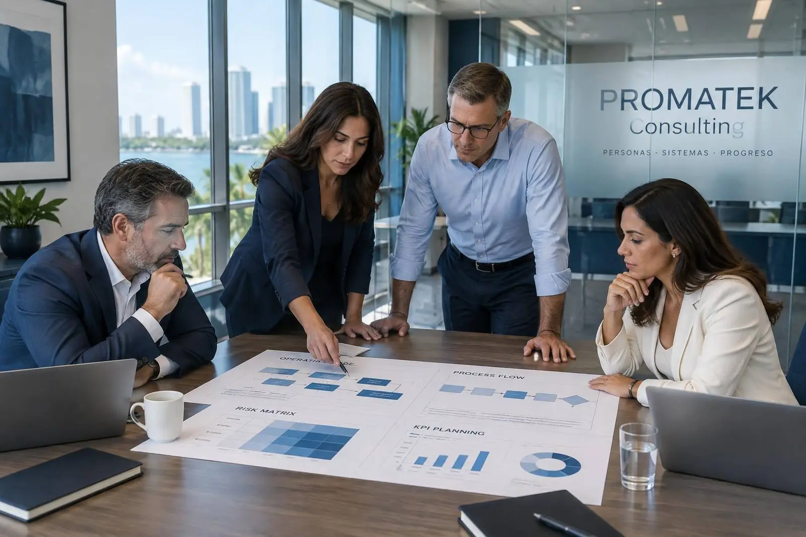 Especialistas trabajando sobre procesos, riesgos e indicadores